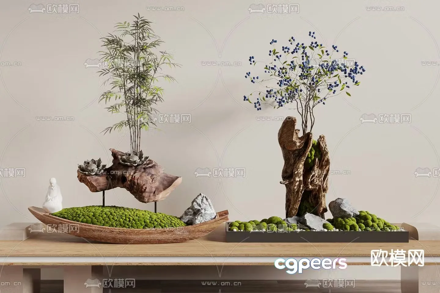 Modern dead wood and green plants 3d model
