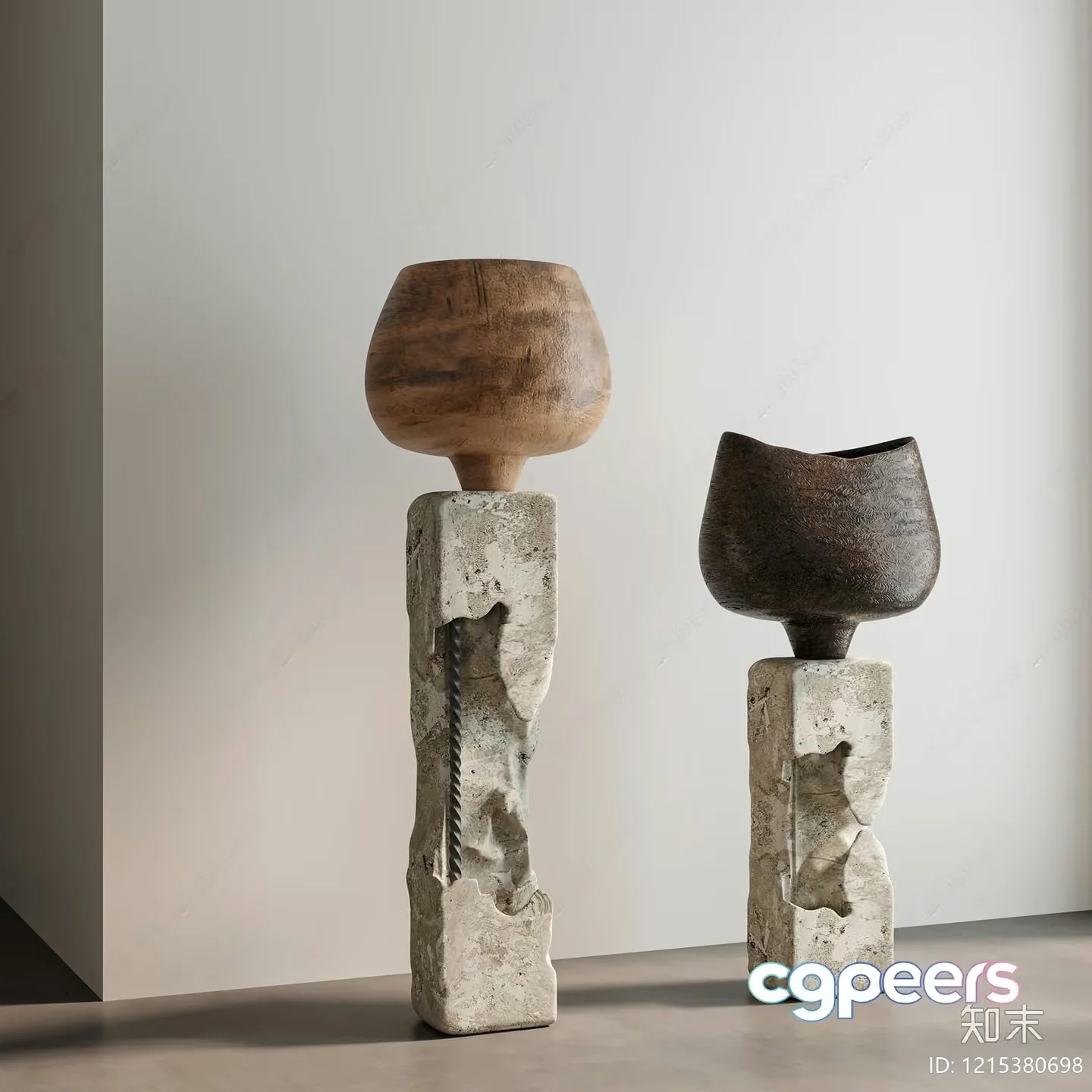 Rustic Stone Pedestals With Ceramic Vases 3D Model – 12819 – VRAY Render
