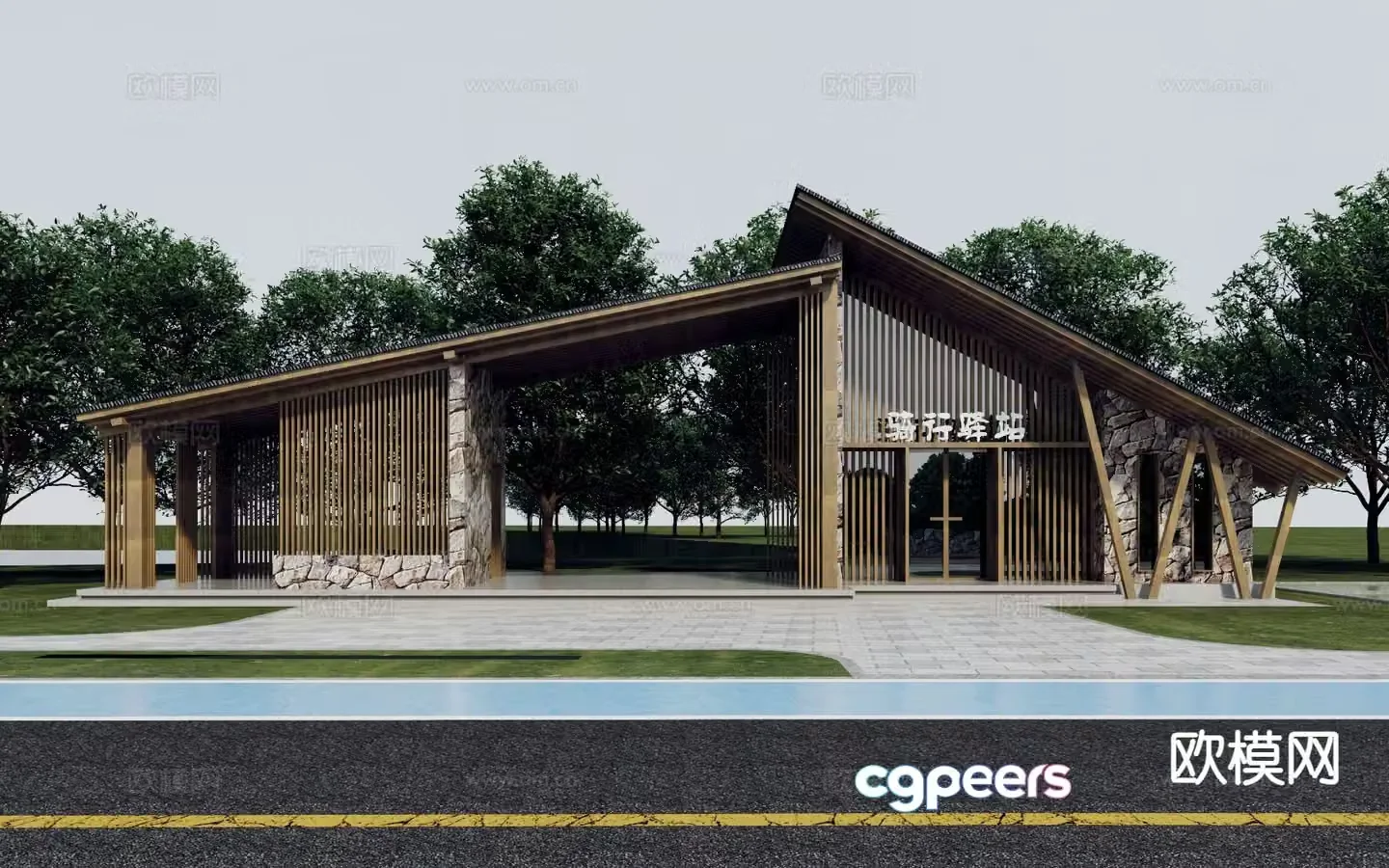 Modern cycling station roadside leisure area 3D model