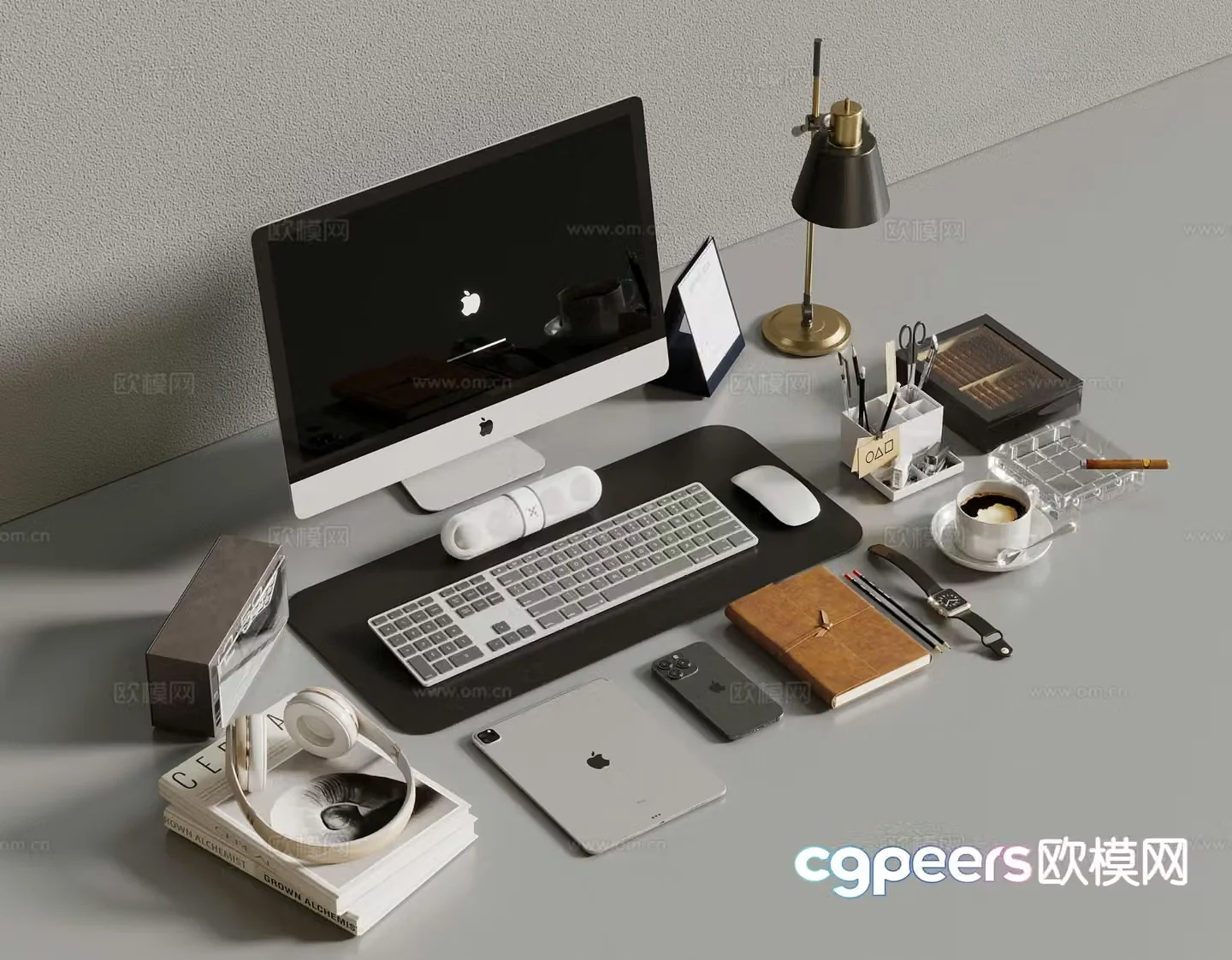 Desktop computer office supplies watch mobile phone books 3d model