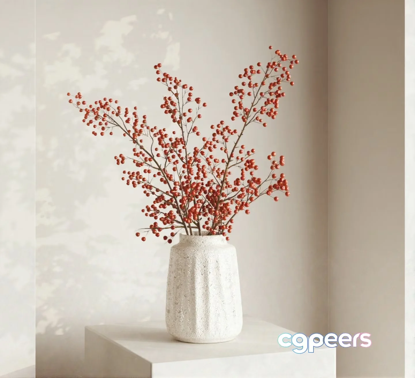 A White Vase With Red Berries 3D Model – 11318 – CORONA Render