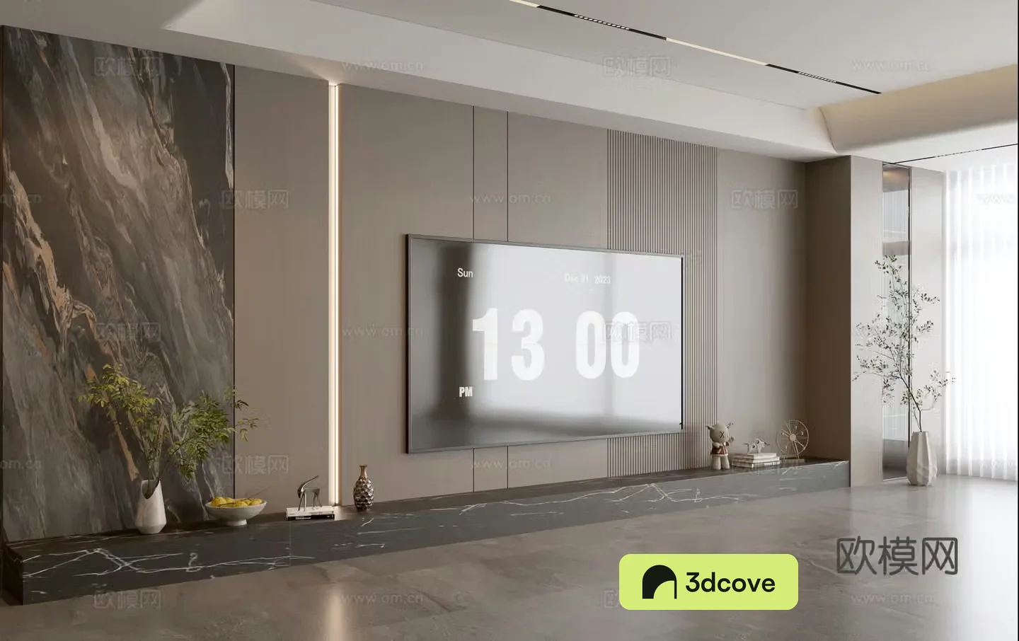 Modern Italian living room light luxury TV background wall full wall TV cabinet marble background wall