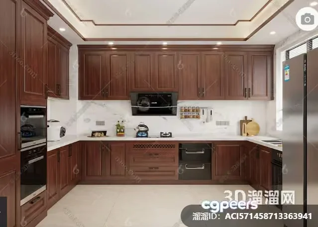 Kitchen With Brown Cabinets 3D Model – 19106 – VRAY Render