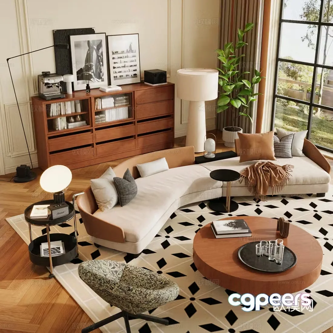 Medium-old sofa combination living room sofa coffee table combination medieval style living room retro style living room 3D model
