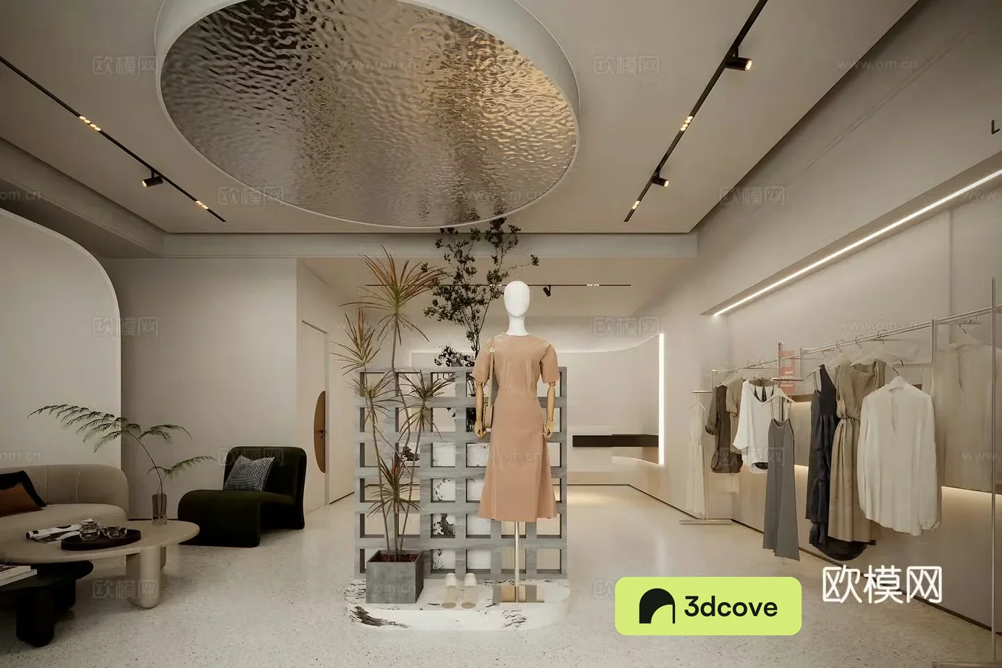Modern clothing store Clothing display area Sofa lounge area