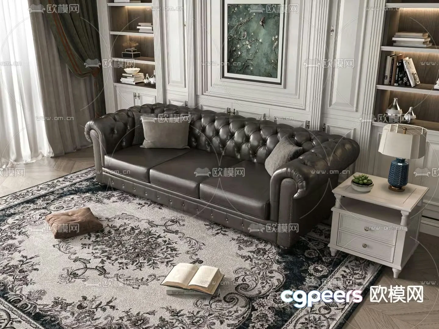 Three-person sofa multi-person sofa leather sofa 3d model