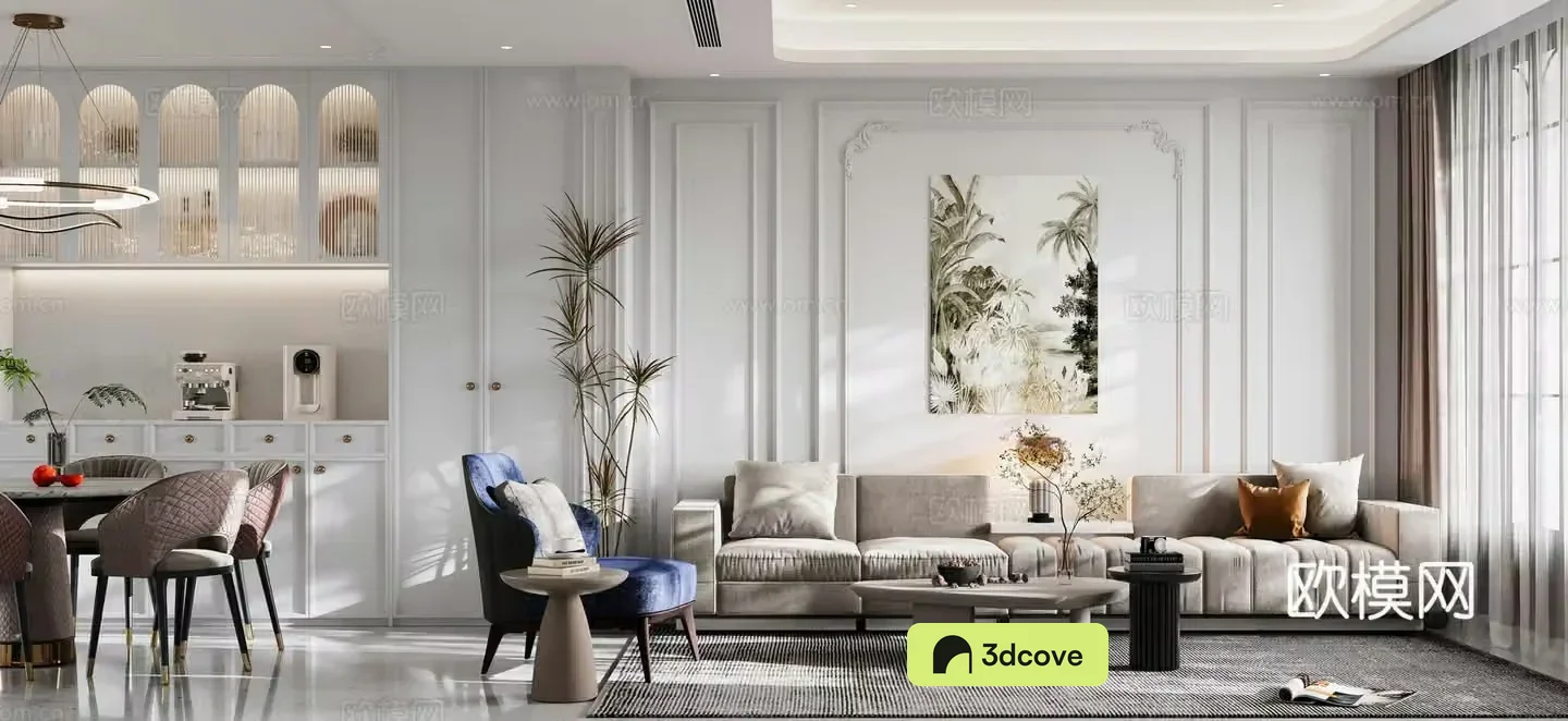 French villa living and dining room