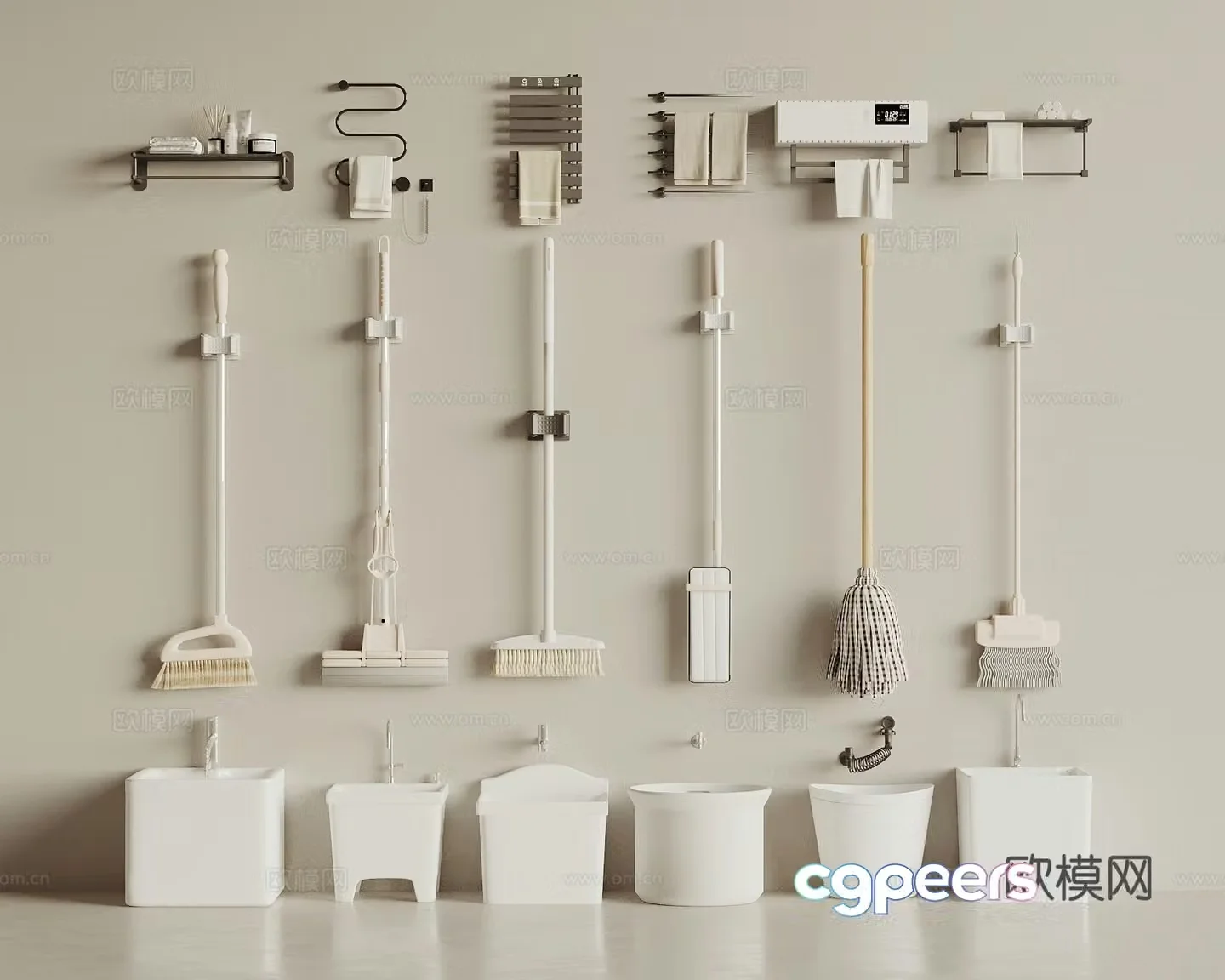 Mop pool broom mop towel rack 3d model