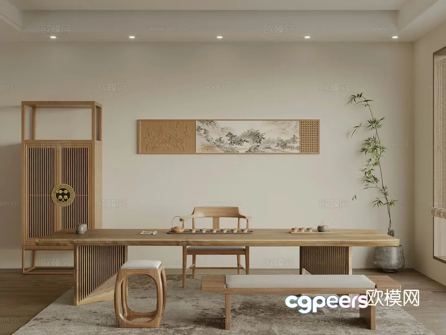 New Chinese-style tea room dining table and chair green plants 3D model