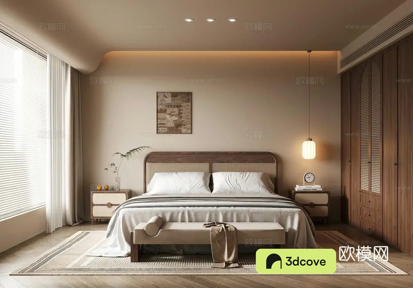 Middle style bedroom wardrobe double bed 3d model