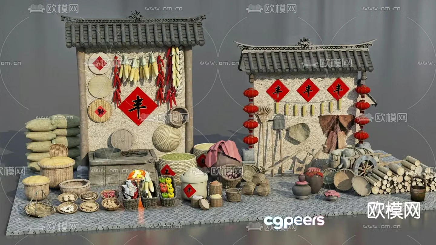 Farm tools sketch stove wine jar corn 3D model
