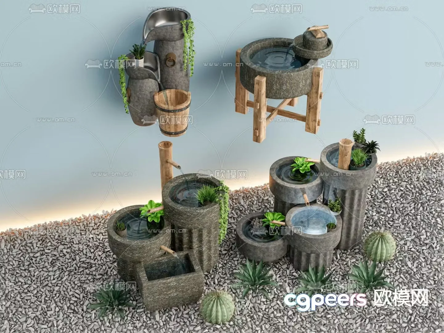 Chinese style flowing water stone mill flowing water sketch 3D model