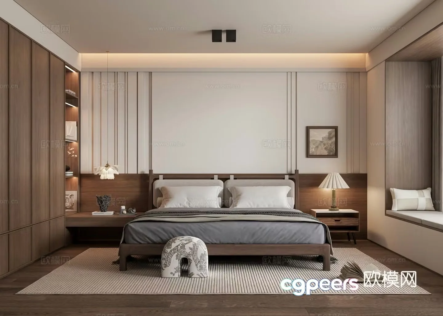 Middle-aged bedroom master bedroom double bed log double bed wardrobe bay window 3d model