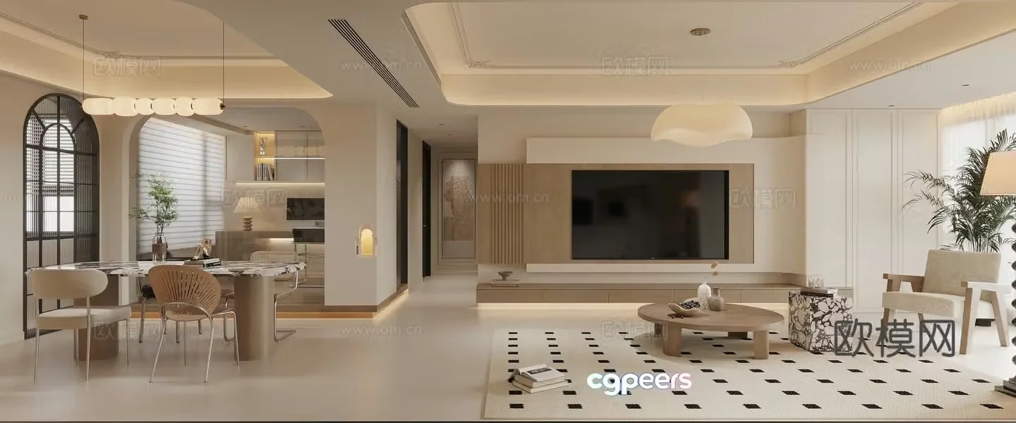 Modern French living and dining room 3d model