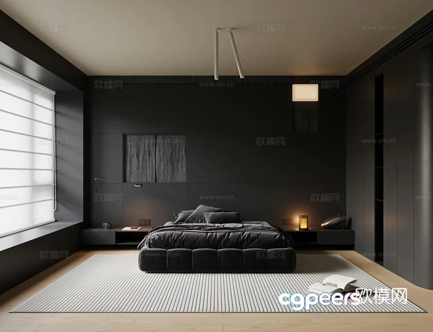 Modern minimalist bedroom Dark bedroom Master bedroom No main light bedroom Fabric double bed 3D model