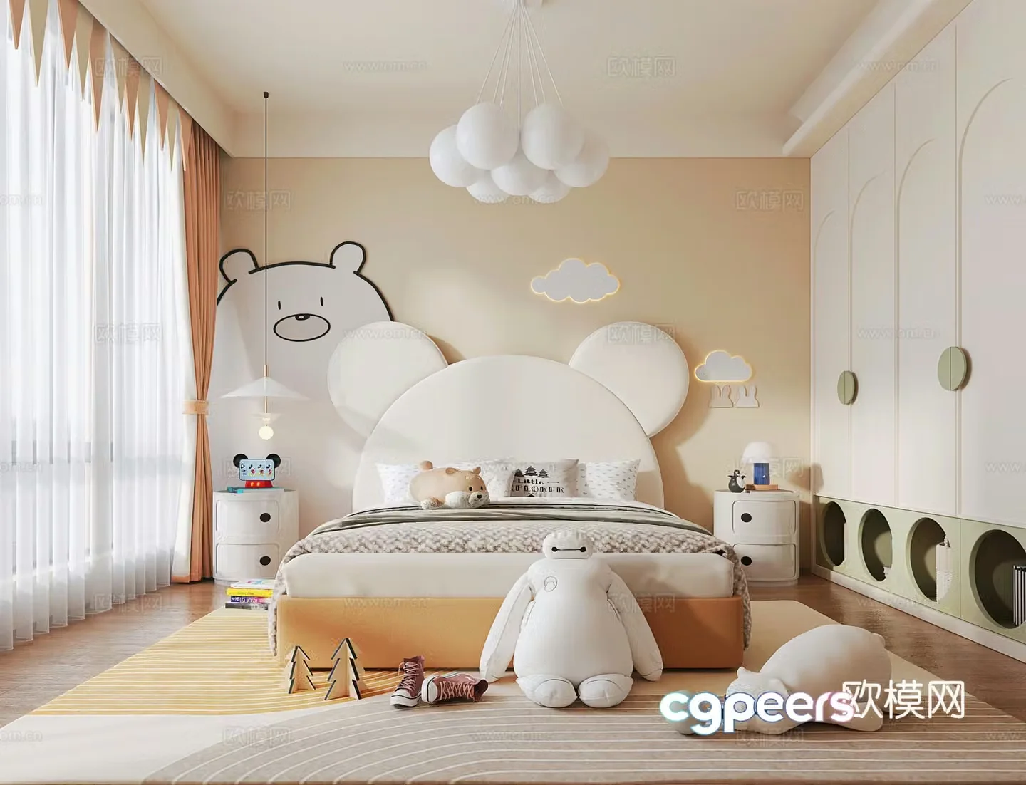 Modern style children’s room children’s bed cylindrical bedside table children’s wardrobe toys ornaments ball 3d model