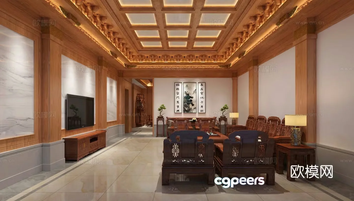 Chinese style villa living and dining room 3D model