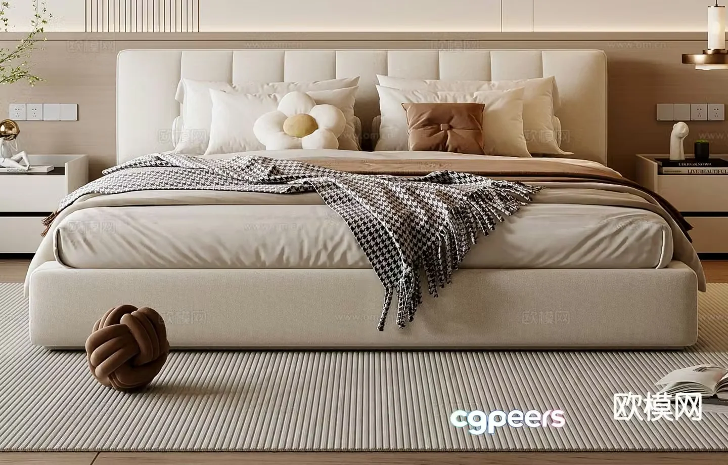 Cream style double bed 3d model