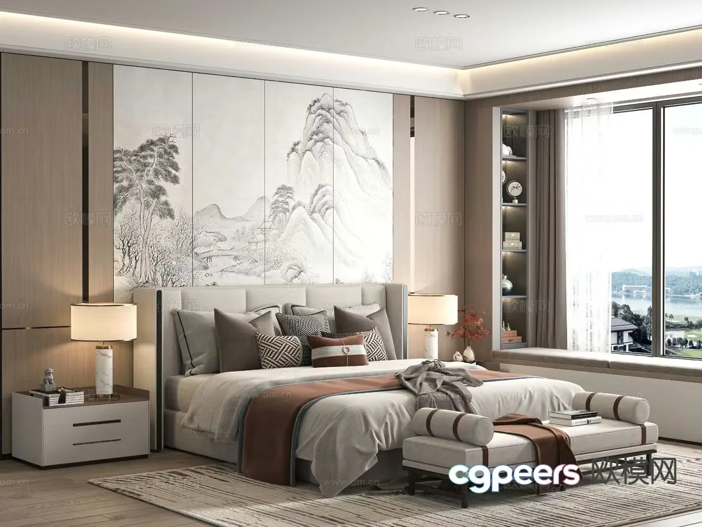 New Chinese style double bed 3d model