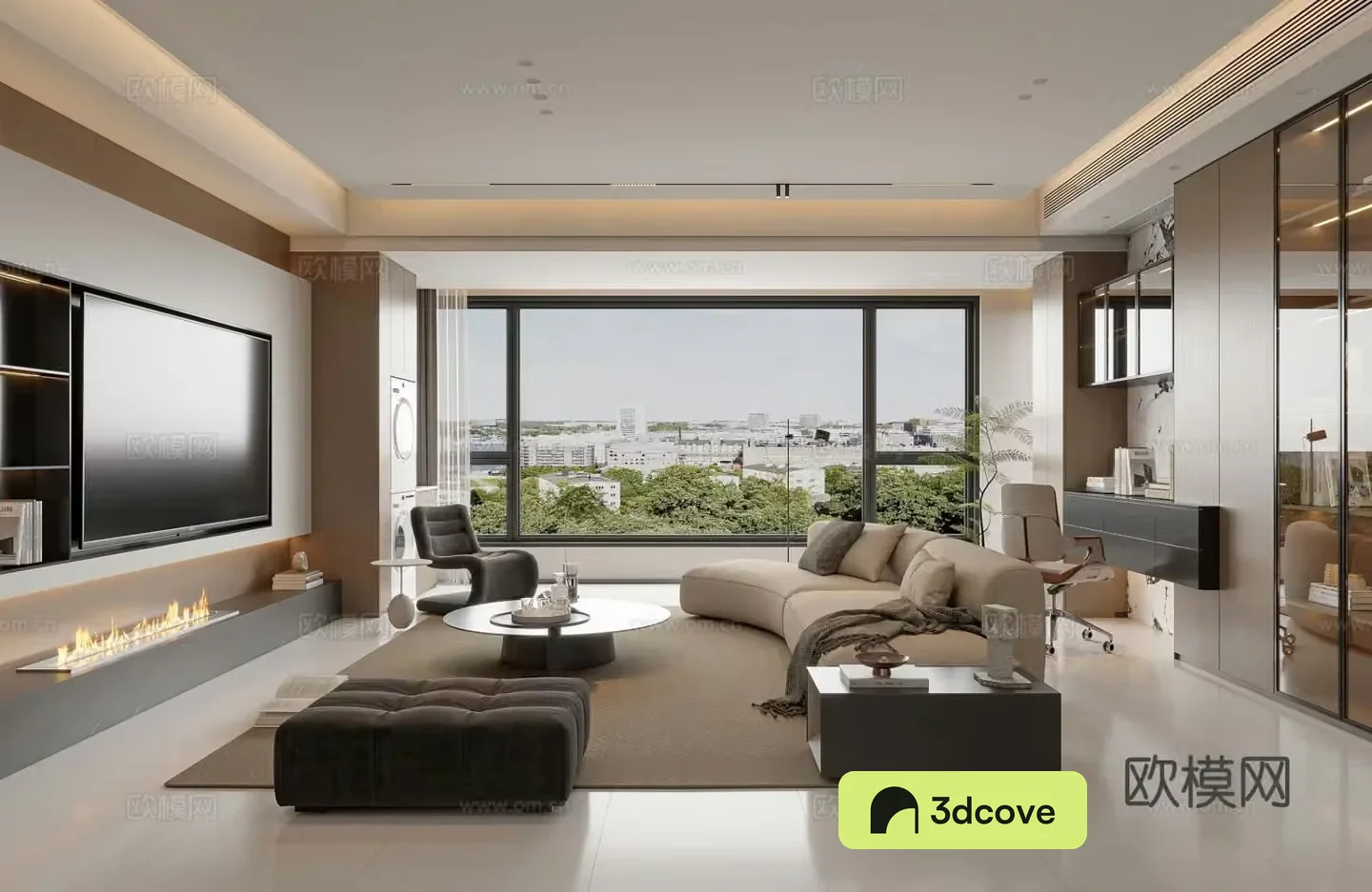 Modern living room combination sofa curved sofa TV background wall fireplace desk study