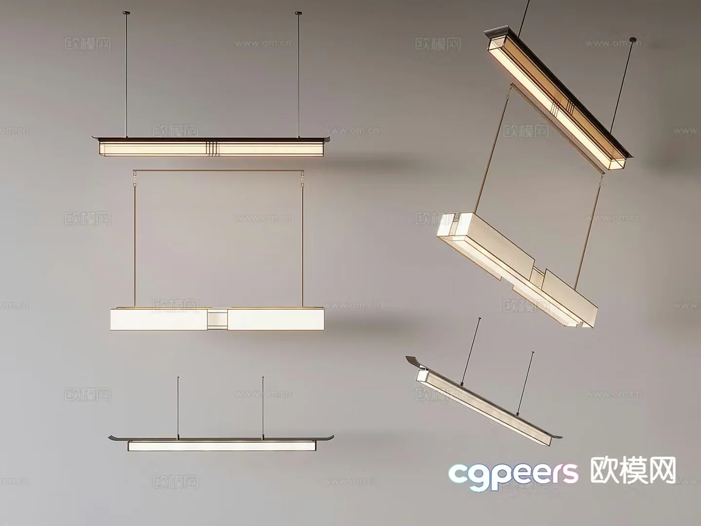 New Chinese style long strip light 3D model of one-word chandelier