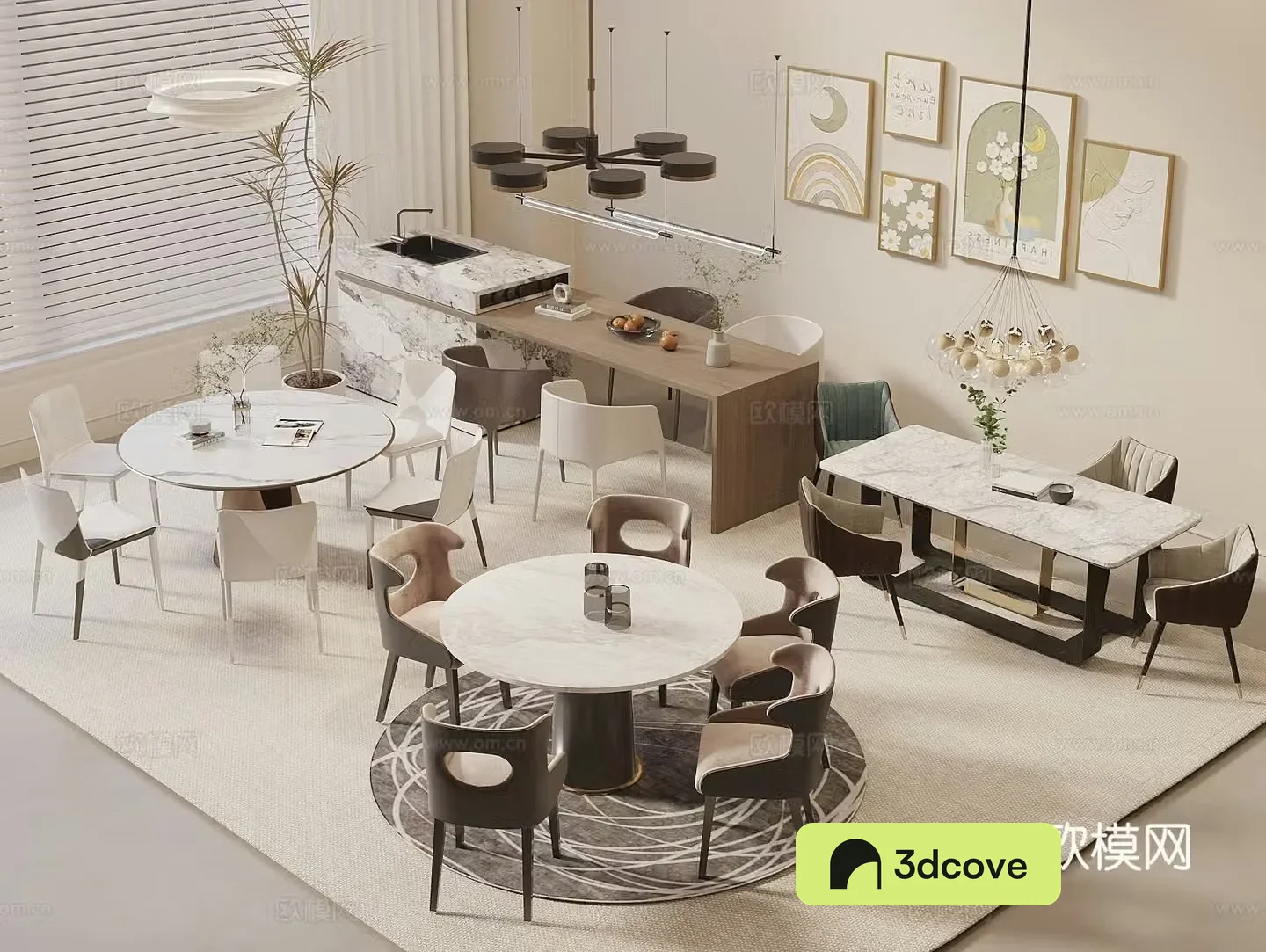 Modern cream style dining table and chair combination long table round table island dining table and chair combination restaurant chandeliers