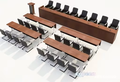 A Courtroom With Long Wooden Tables And Black Chairs 3D Model – 21991 – VRAY Render