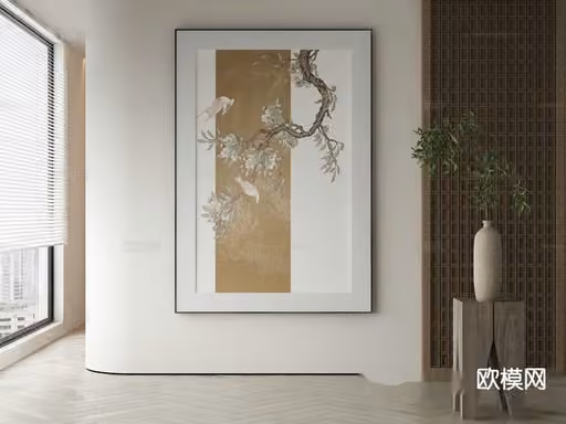 A Painting With A Bird And Tree Design 3D Model – 21025 – VRAY Render