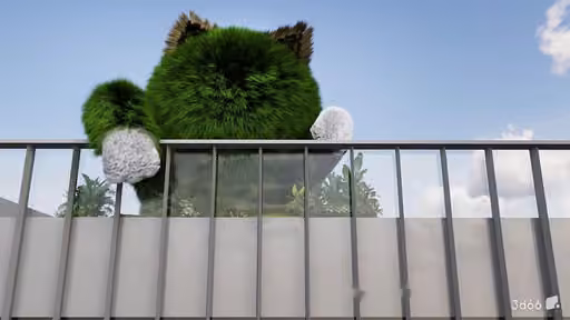 A 3D Rendering Of A Balcony With A Green Furry Creature Sitting On 3D Model – 20980 – VRAY Render
